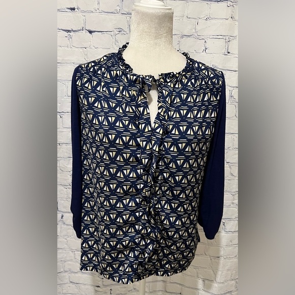 Anthropologie Meadow Rue Evella Navy Blue Sailboat Ruffle Tie Blouse S - Picture 3 of 10
